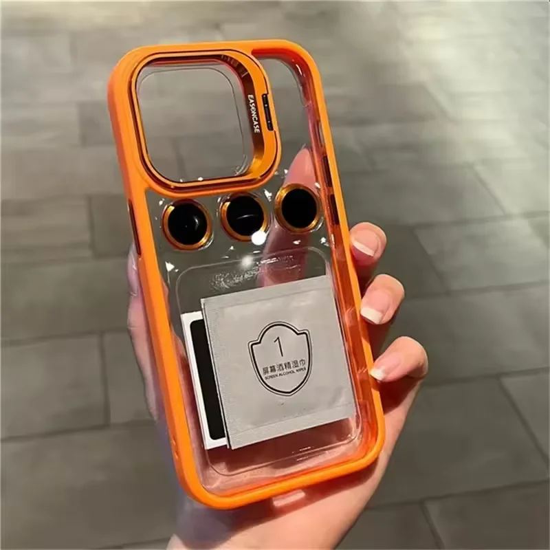 Lens Metal Ring Protector Stand Phone Case for IPhone 16 15 14 Pro 13 12 11 Pro Max Camera Protection Acrylic Shockproof Cover