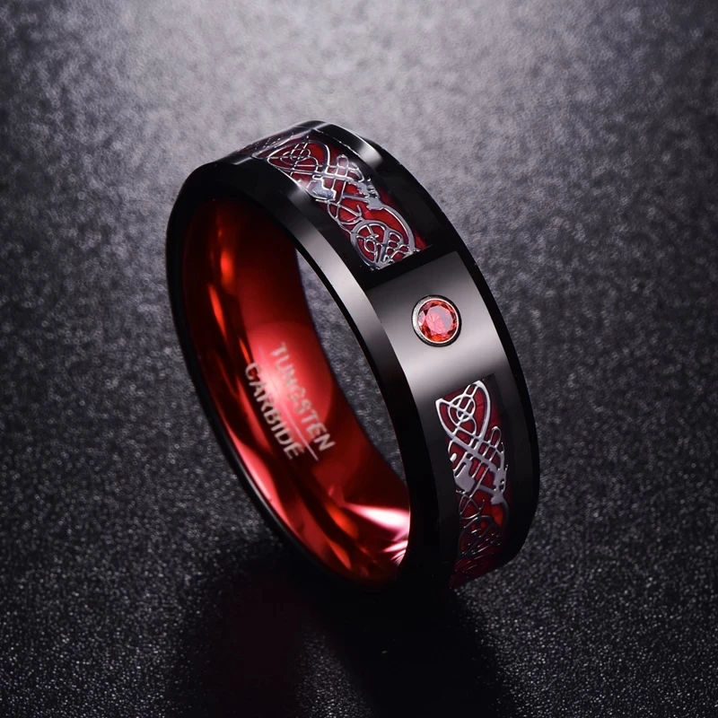 HCMA Bague De Mariage Acier Titane 8mm Dragon Celtique Avec Fiber Carbone Et CZ - Style Punk Unique