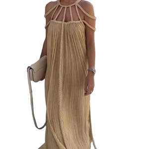 2026 Summer Party Vacation Sexy Shoulder Sleeveless Maxi Dresses Khaki Hollow Lace Backless Women Solid Breathable