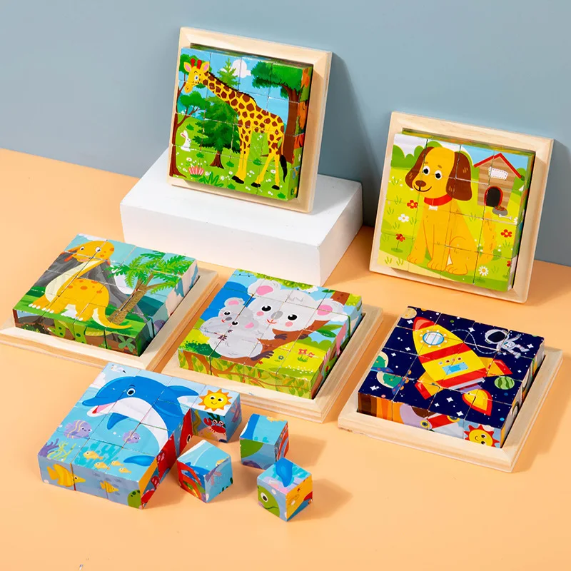Best Selling Wooden Six-sided Cube Puzzle Transportation Animal Wooden Cube Puzzle Assembling 3d Wooden Puzzle Cube