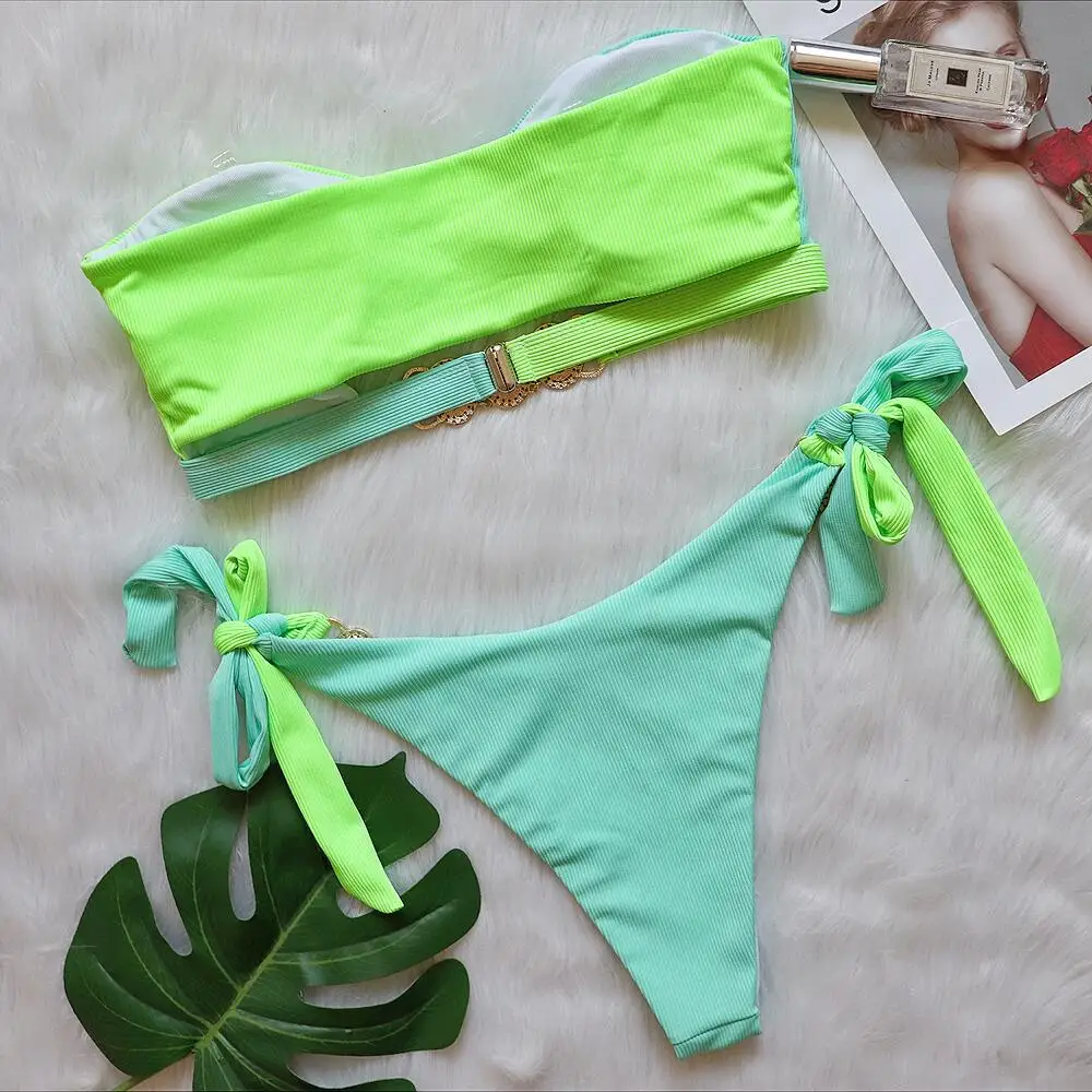 Ruiyi Ribbed Bikini Set Strapless Lace Up Two Piece Swimsuit Custom