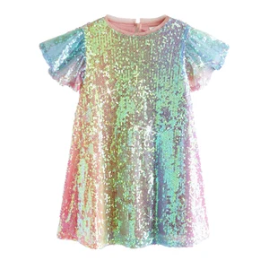 Custom Colors Gradient Colors Ruffle Sleeves Sequins Girls Summer Dress for 2 to 14 Years