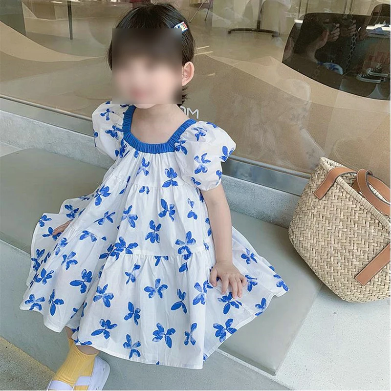 Girls summer square neck puff sleeves blue butterfly print loose A skirt  kids white cotton dresses| Alibaba.com