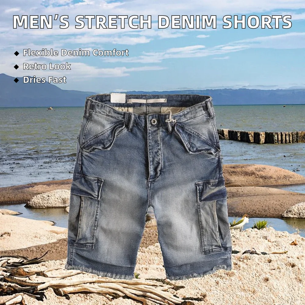 Summer New Men's Vintage Woven Mid Waist Boot Cut Stretch Quick Dry Denim Shorts Blue Black 100% Cotton OEM Serviced Customized