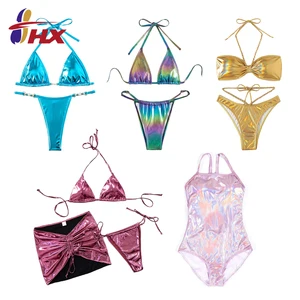 Customized Fashion Shiny Golden Metallic Swimsuit Women Two Piece Thong Mini Swimwear Sexy Micro Bikini Set