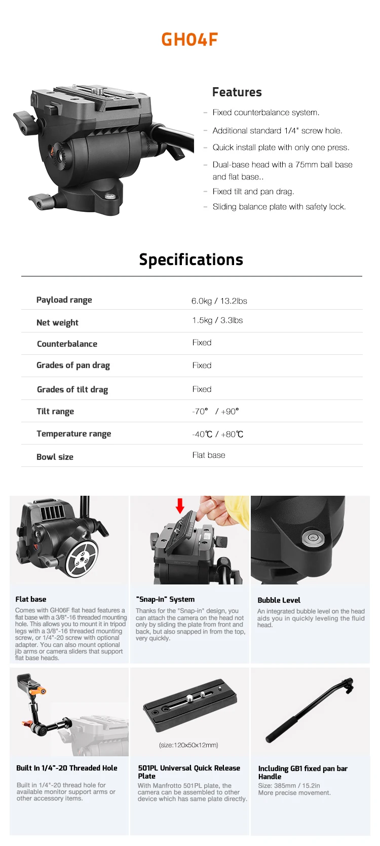 -E-IMAGE GA230 EG03FA3 EG04FA3 aluminum geared video tripod with fluid damping h