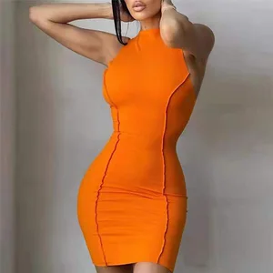 Hot Summer Mini Dress Sexy O Neck Butt Lifting Sleeveless Ribbed Bodycon Women Party Dress