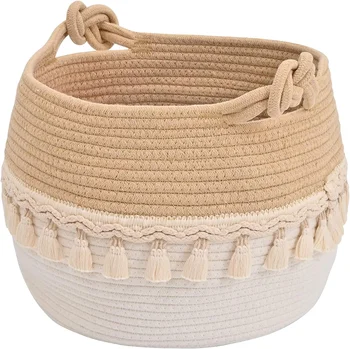 Wholesale best-selling Cotton Rope Woven Basket with Handles for Magazine Clothes Toys Decorative Cute Tassel storage basket