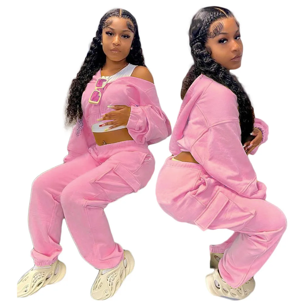 QC-DY6677 Горячая распродажа! Женская однотонная обувь, на каждый день, на молнии, личности спортивные штаны и толстовка, комплект