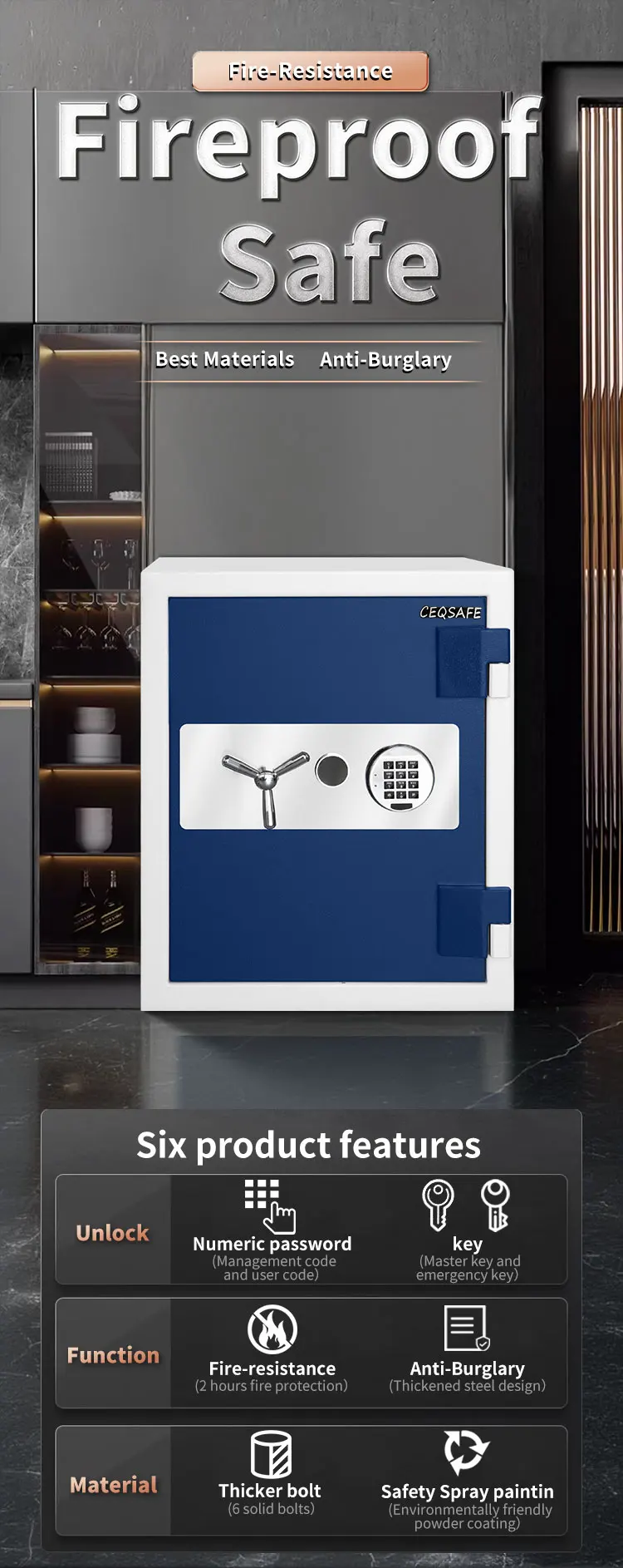 CEQSAFE Factory Direct Sales Biometric Jewelry Deposit Safes Box Heavy Home Metal Money Fireproof Safe Box manufacture