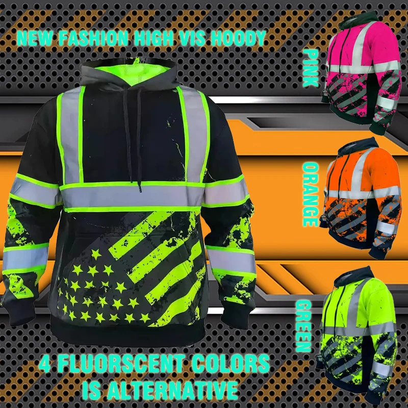 High Visibility American Fluorescent Flag Pink Safety Hoodie ANSI Class 3 Reflective Workwear Sweatshirt Construction Jacket