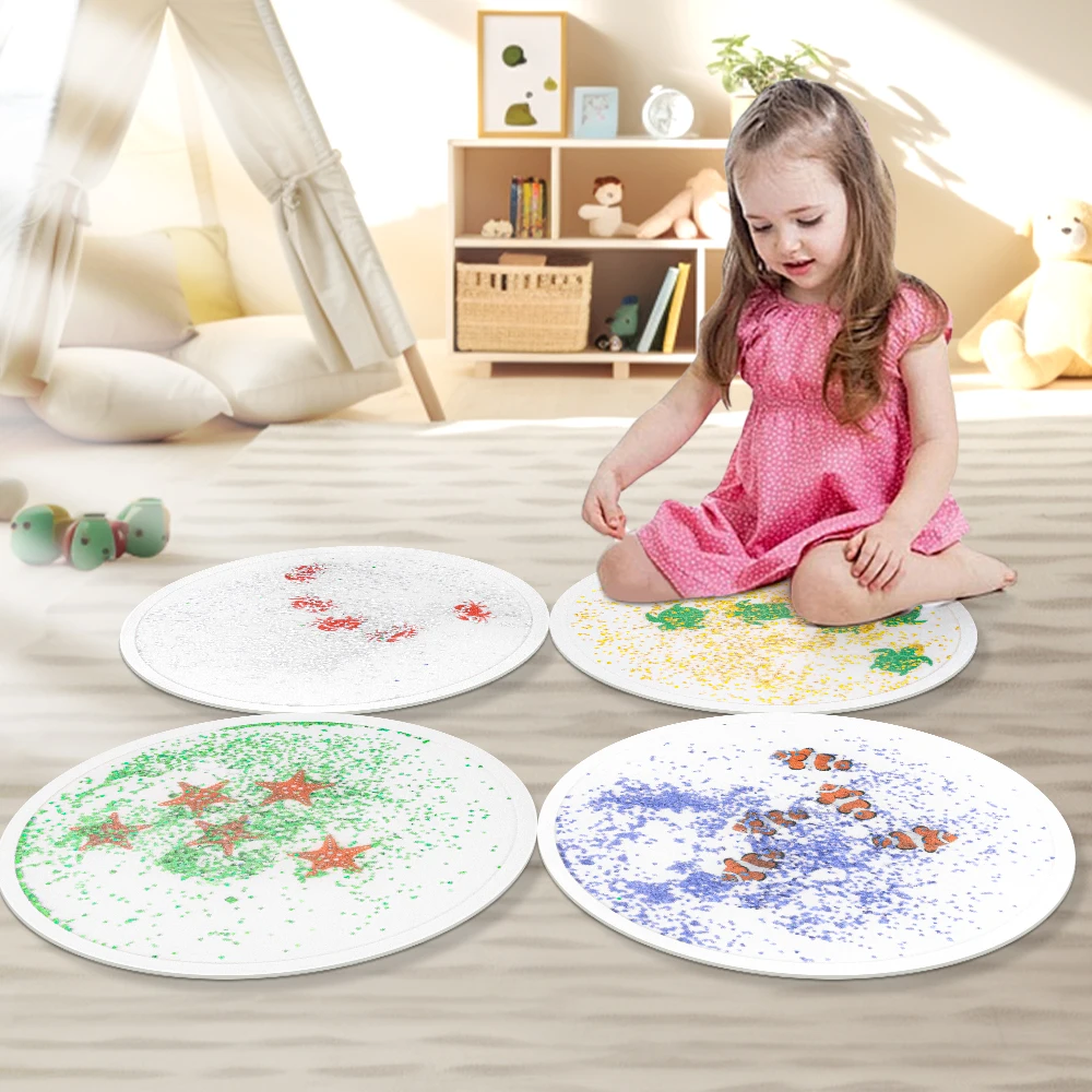 4PC Sensorial Toys Kid Kindergarten Round Dynamic Liquid Tiles Sensory Liquid Floor for Children Toddler Gel Mat for Kids