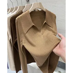 Spring and Autumn New Style Pullover Thin Slim V-neck Knitted Sweater Polo Neck Solid Color Bottom Pullover Sweater for Women