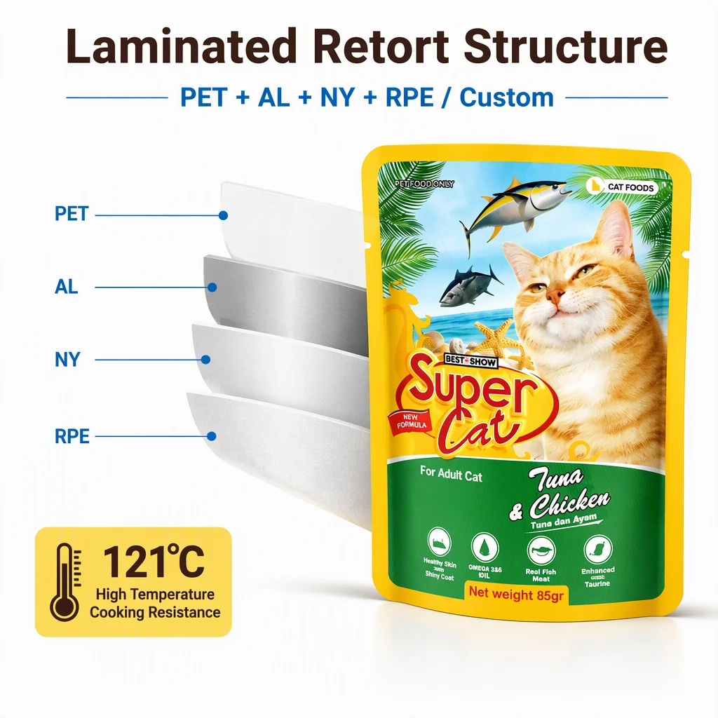 DQ PACK Custom Retort Doypack Aluminum Laminated Foil Wet Pet Cat Food Pouch High Temperature 121 Food Grade