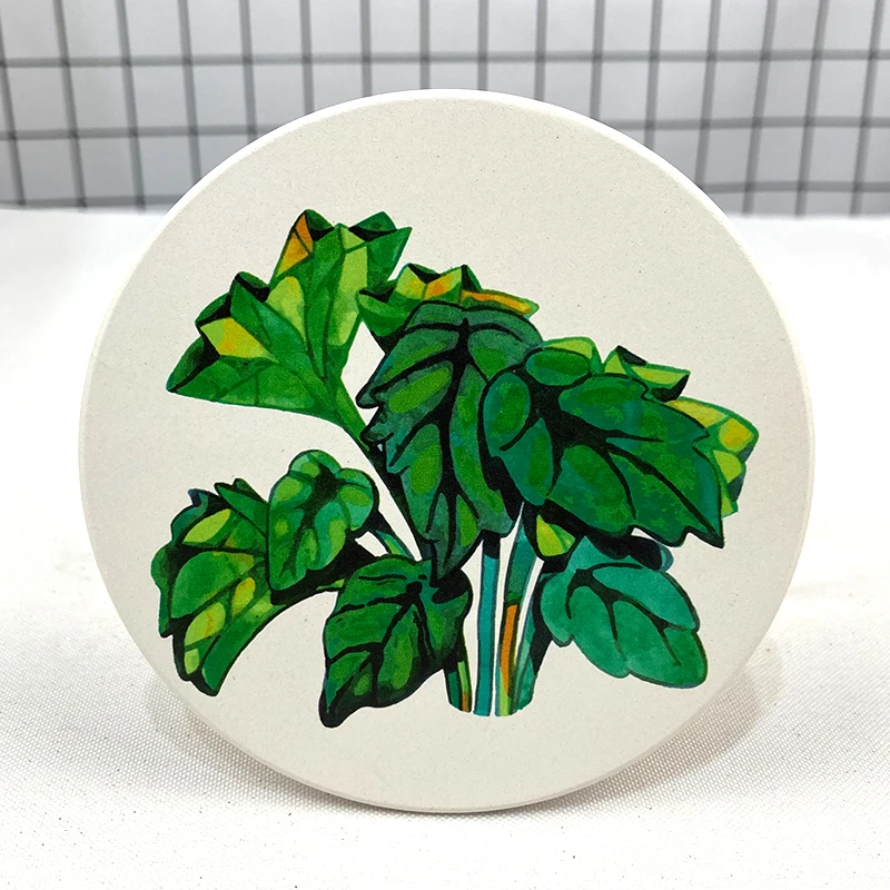 Free Sample White Ceramic Round Tile Coasters and Cup Mats Leaf Design Blank with UV Printing or Sublimation