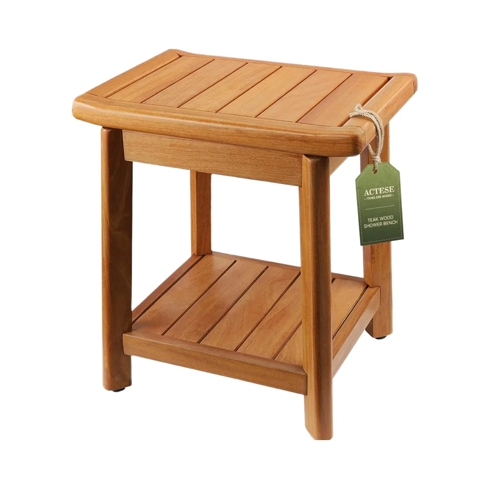 Teak Shower Stool with Non-Slip Storage Shelf Waterproof Wooden Bench for Bath Elderly Recovery Indoor Use Everyday
