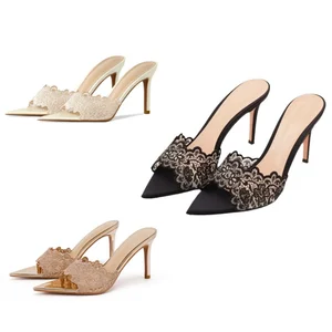 Customized 2026 New French Style Summer High Heels Stilettos Champagne Lace Vamp Pointed Toe Thin High Heels Slides Slippers