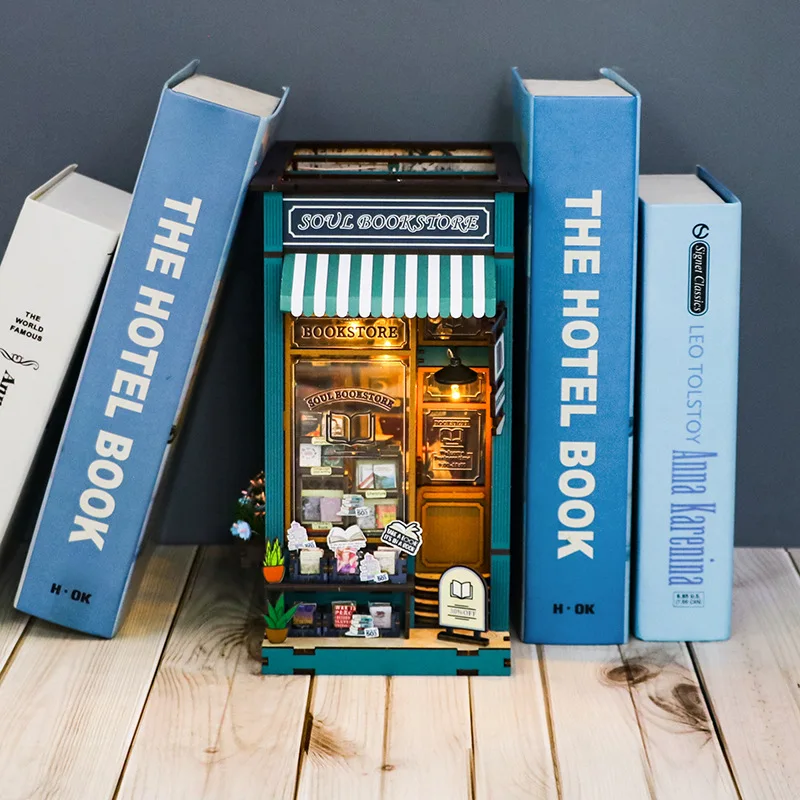 Bookstore Book Nook OEM ODM 3d Wooden Puzzle Bookend Diy Miniature House Booknook Shelf Insert Soul Bookstore Book Nook Kit