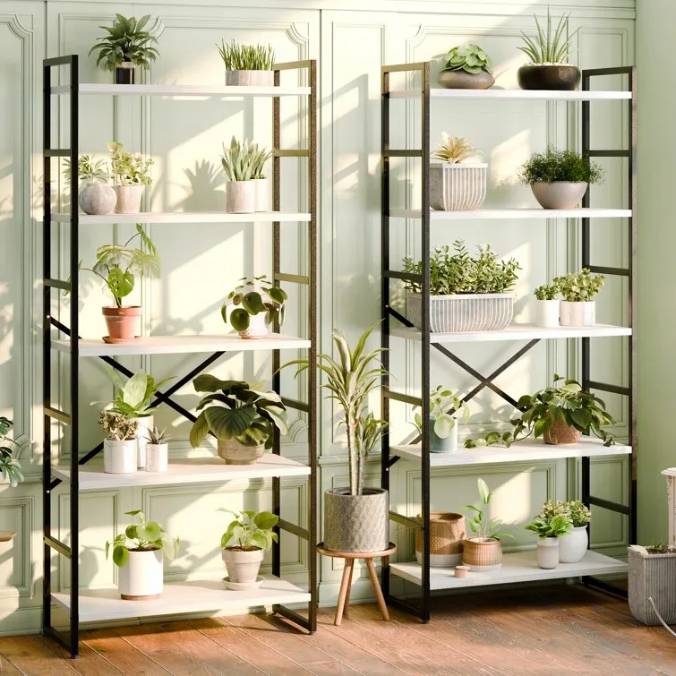 Rustic Large Open Metal Framed Bookshelf Tall Free Combination Office Bookcase Book Shelf Cabinet Rack Wood Wall Bookshelves