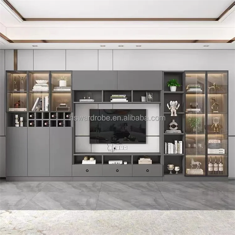 Customized Wooden Modern Tv Stand With Display Glass Doors With