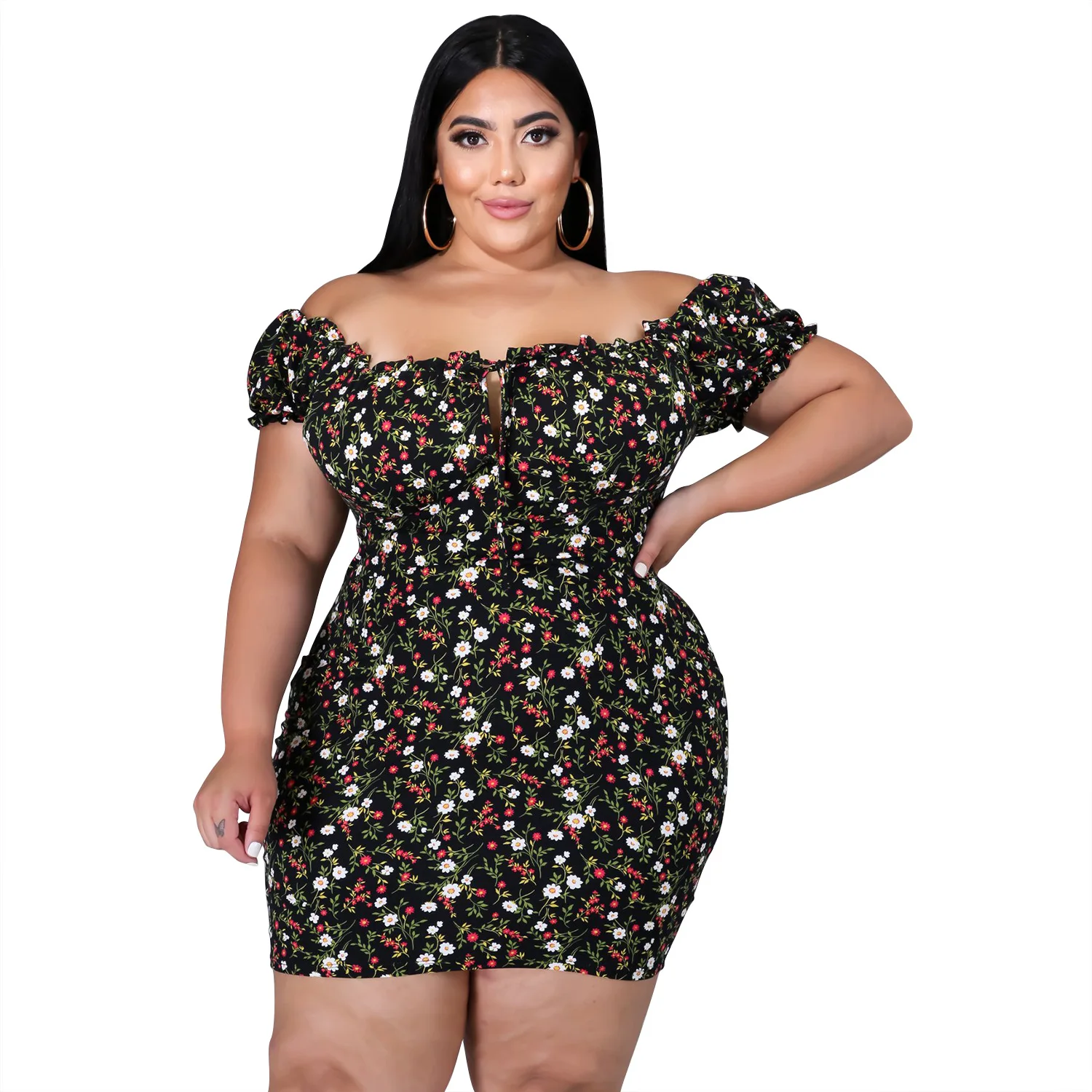Summer one-line shoulder knitted sexy off-shoulder print six-color plus-size binding nightclub dress