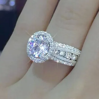 Classic Gypsophila Inlaid Large Zircon Diamond Engagement Wedding Ring Jewellery White Sapphire Ring Band