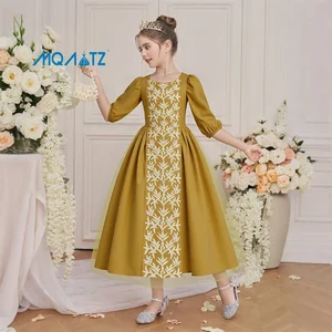 Elegant Polyester Children's Robe New Middle Eastern Modest Dress Gold Embroidery for Girls Cross-Border European American