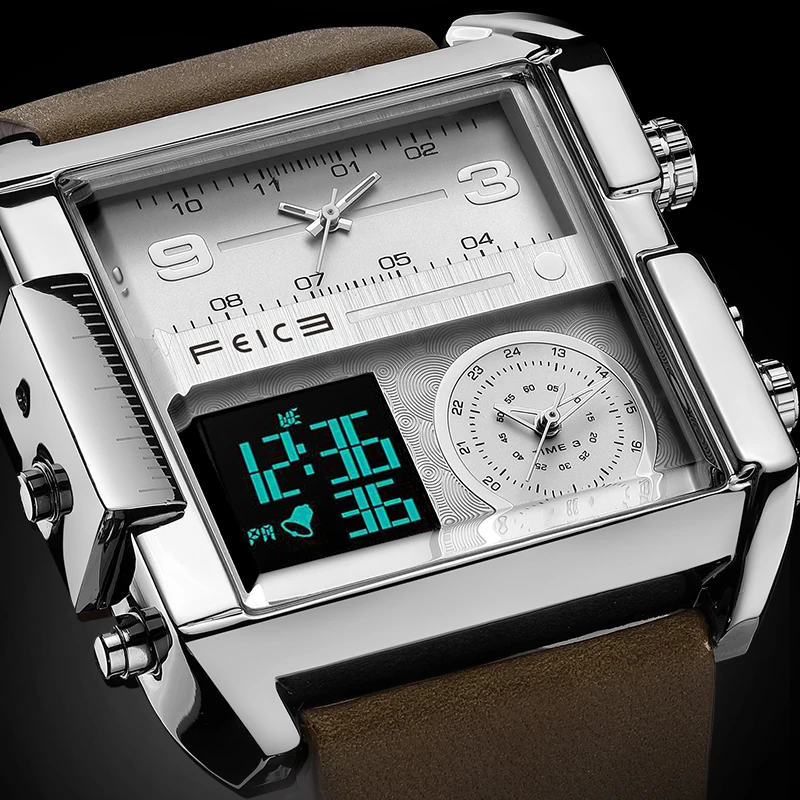 Men's Waterproof Digital LED Wristwatch with Leather Band Square