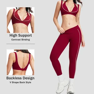 Custom High Support Burgundy Contrast Binding Sport Outfit V Shape Back Style Women Yoga Bra Leggings 2pcs Pilates Set