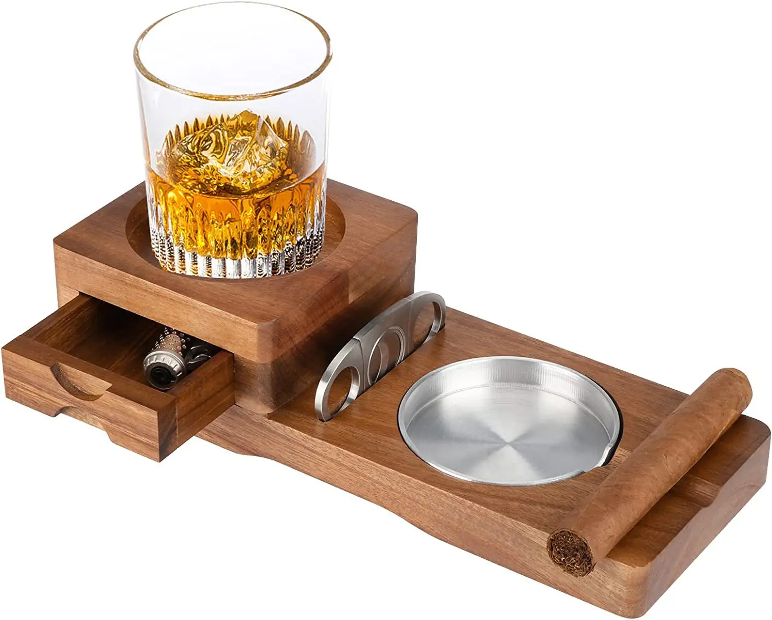 Cigar Ashtray Coaster Whiskey Glass Tray & Wooden Ash Tray With Cigar