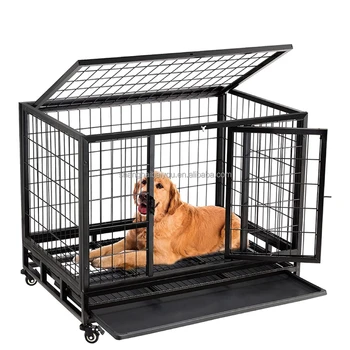 43 inch Heavy Duty Indestructible Dog Crate Steel Escape Proof, Indoor High Anxiety Cage, Kennel with Wheels, Removable Tray