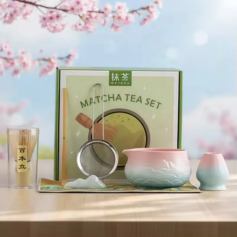 Bosca ardnua matcha: brúisín agus scoilp bamboo caraideach don timpeallacht, bolgáin tae céramacha le dathanna athraitheacha, stiúr| Boscaí iolracha a shaincheapann tú féin mar bhronntanais