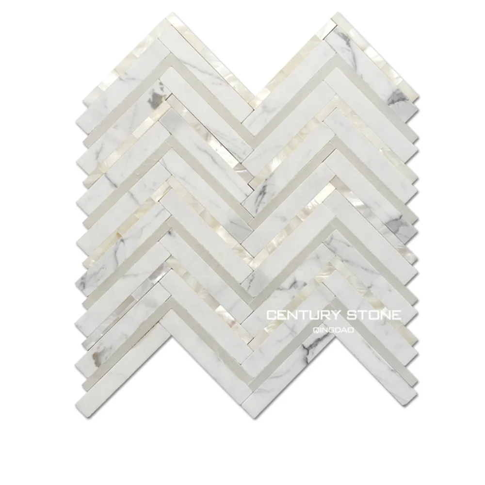Calacatta Marble And Shell Herringbone Backsplash White Mosaic Tile