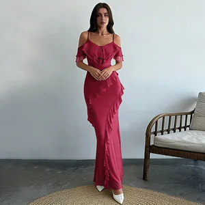 Women's Clothing Supplier Ladies' Summer Clothing Ruffled Net Lace Solid Color Sexy Women's Dress Daily Versatile Elegant Dress