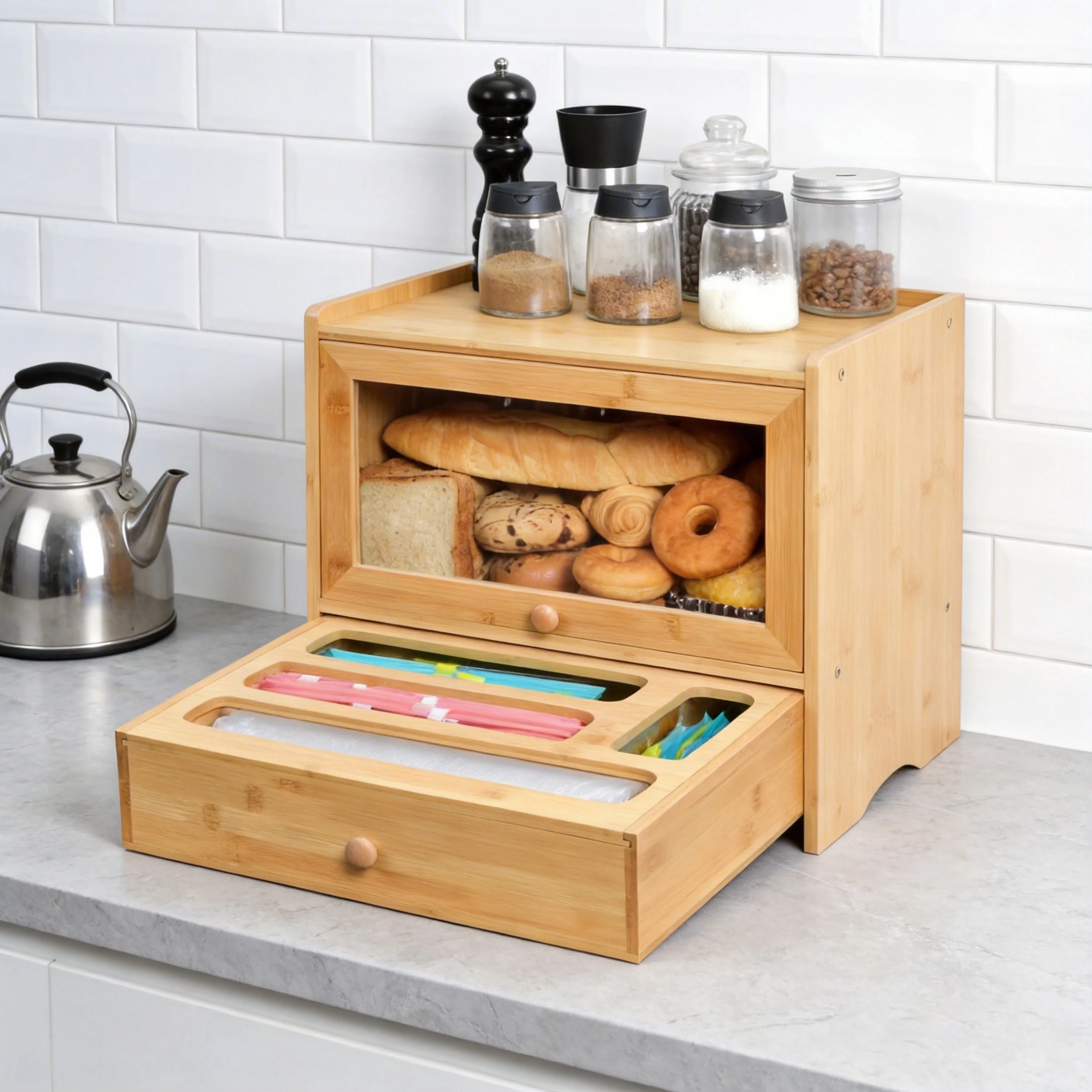 2-in-1 Bamboo Bread Box with Wrap Dispenser - Countertop Kitchen Organizer for Bread Storage & Foil/Plastic Wrap Cutter