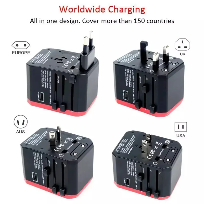 Smart Travel Adapter International Plug Adaptor Wall USB Type C Charger AC Power for USA EU UK AU US