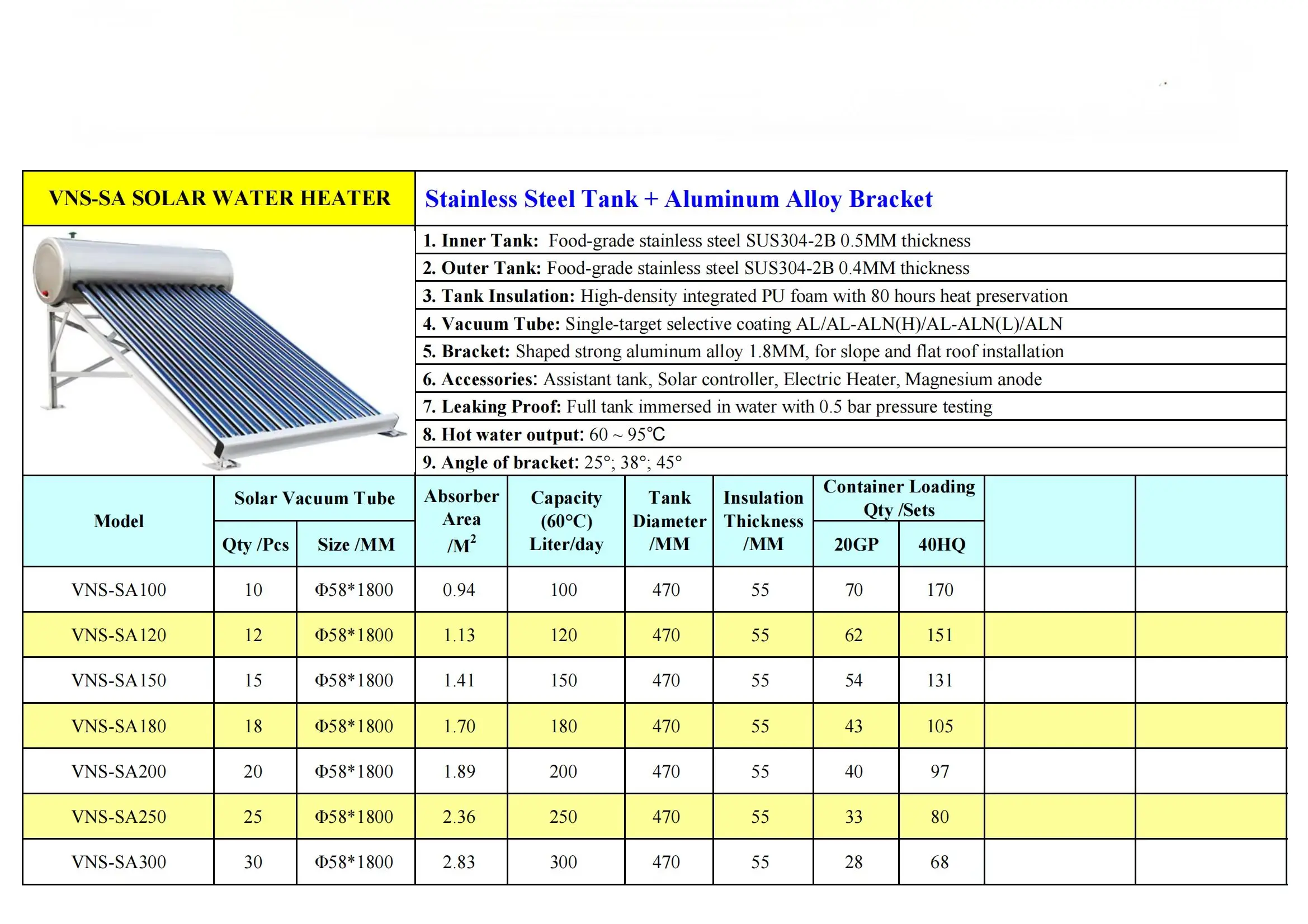 Non-pressurized heat pipe Vacuum Tube Solar Water Heater Solar Collector Vacuum Solar Collector Glass Aluminium Material