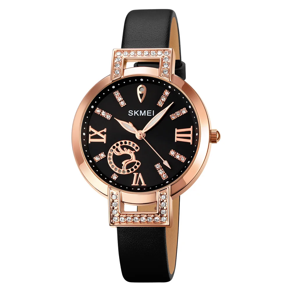 Elegant Skmei 1977 Leather Strap Women Wristwatch Jewelry Minimalist Quartz Watch for Ladies