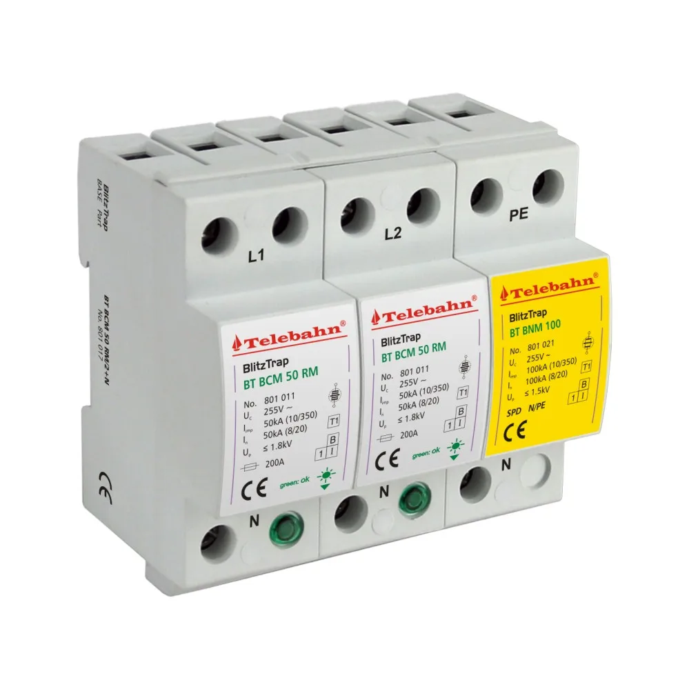Power Surge Protector SPD 2 Phases for TT System or TN System 120V 240V 255V T1 AC 2P+N 50kA/100kA/200kA Surge Arresters