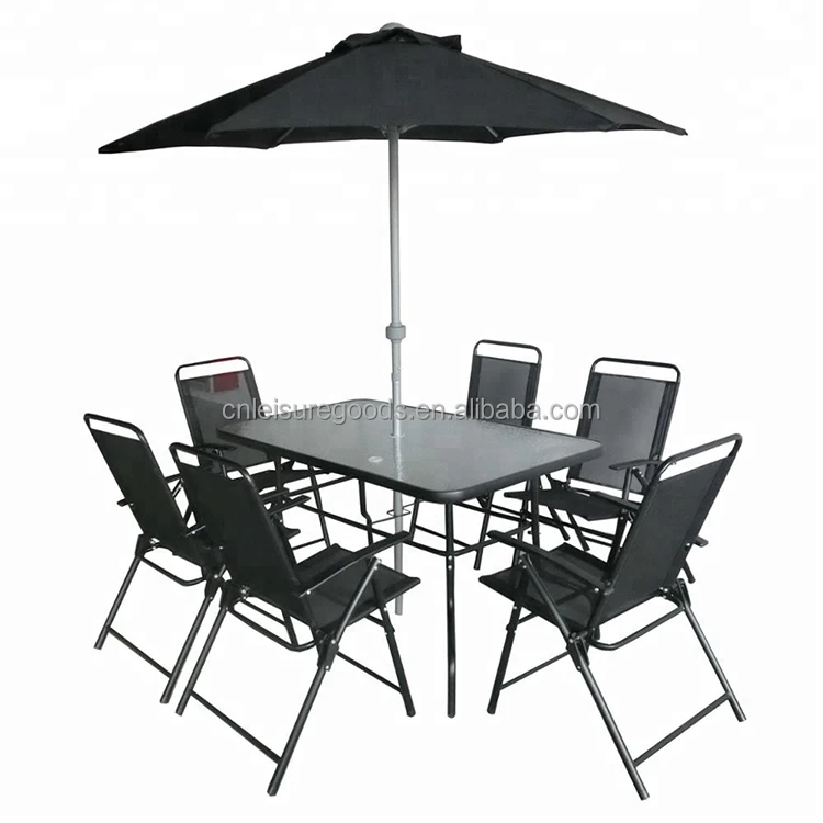 Uplion 6 seats folding steel outdoor garden furniture set patio dining table and chair with umbrella set