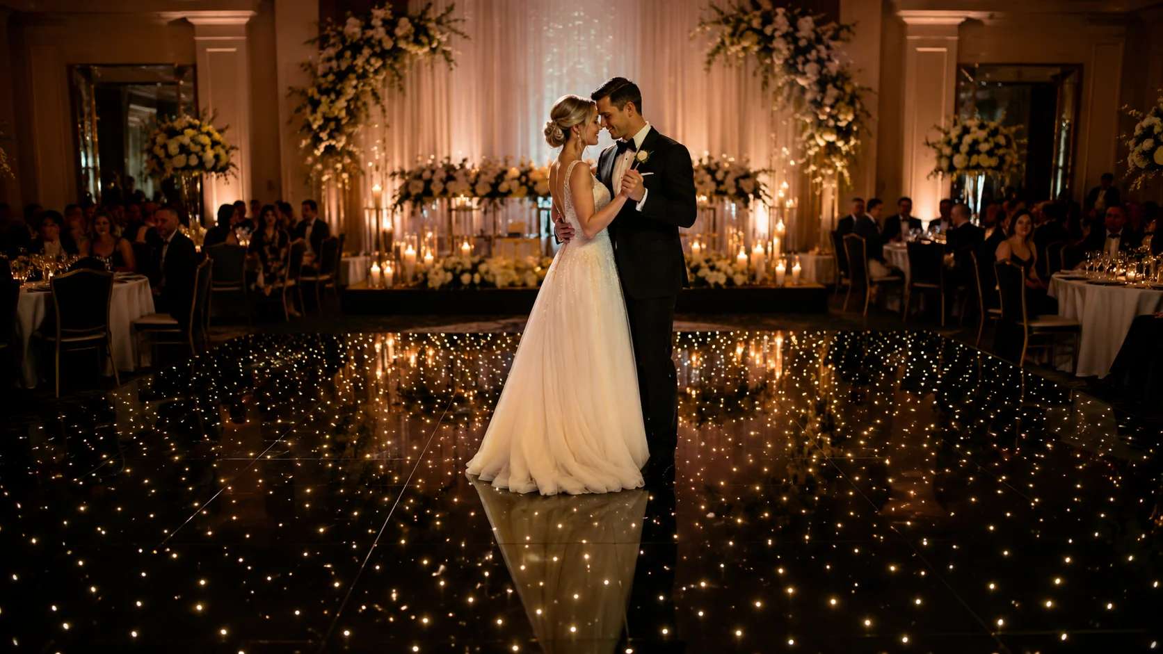Couple dancing on a star LED dance floor with twinkling white LED points during a wedding first dance