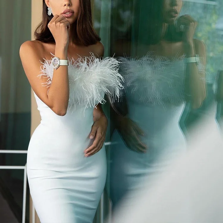 Strapless Sexy Women Clothes Feathers Modest Evening Dress Sleeveless  Bandaged Mini Party Gowns Ladies Cocktails Dresses