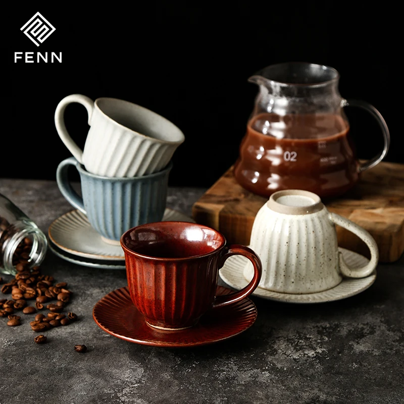 FENN Japanese Vintage 180ML high quality white red blue unique mug set 8 pieces ceramic coffee cup and saucer sets custom logo