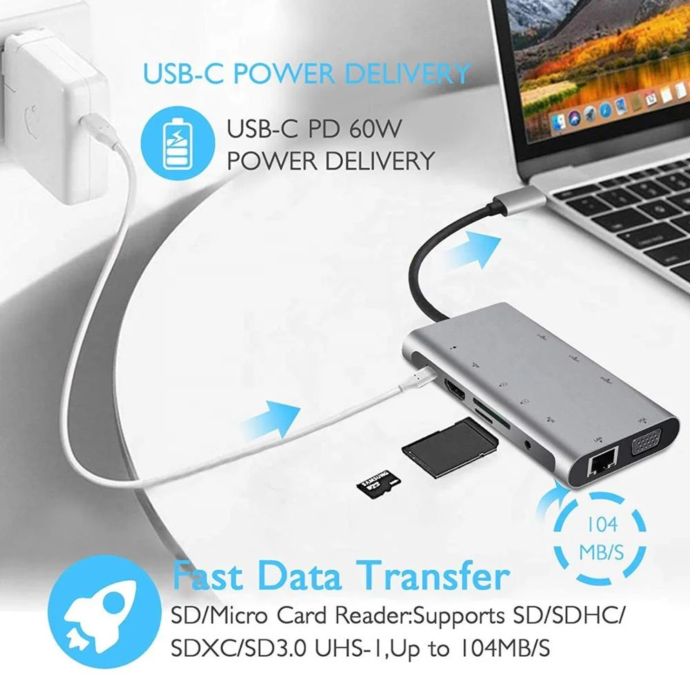 Multifunction 11-in-1 Usb c Hub - 4 X Usb 3.0 a - Usb Splitter - PD VGA 4K HD HDTV 3.5mm Audio Headphone Jack 11 in 1 Type c Hub
