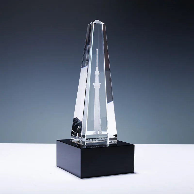 Factory direct custom k9 Crystal 3 carved inside led base carved inside crystal trophy supplier