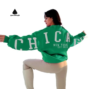 Women's Custom Green Dimple Screen Print Cotton Pullover Oversized Boxy Fit Hoodie with Crew Neck for Autumn Season