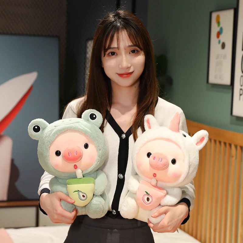 Newest Arrival Boba Series Plush Pig Toy Wearing Animal Pajamas with Bubble Tea