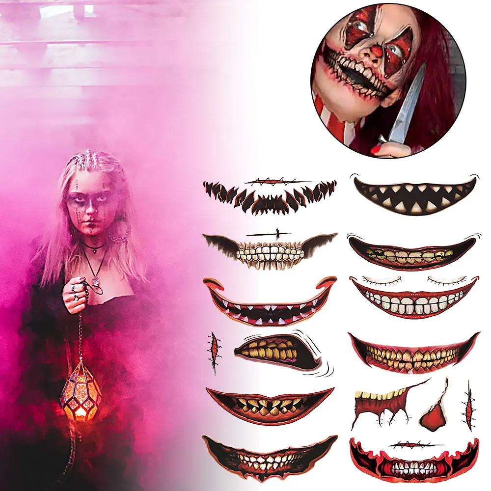 12pcs DIY Halloween Clown Scary Mouth Tattoo Transfer Stickers Waterproof Sweat-proof Good Breath-ability 3-5 Days Durability