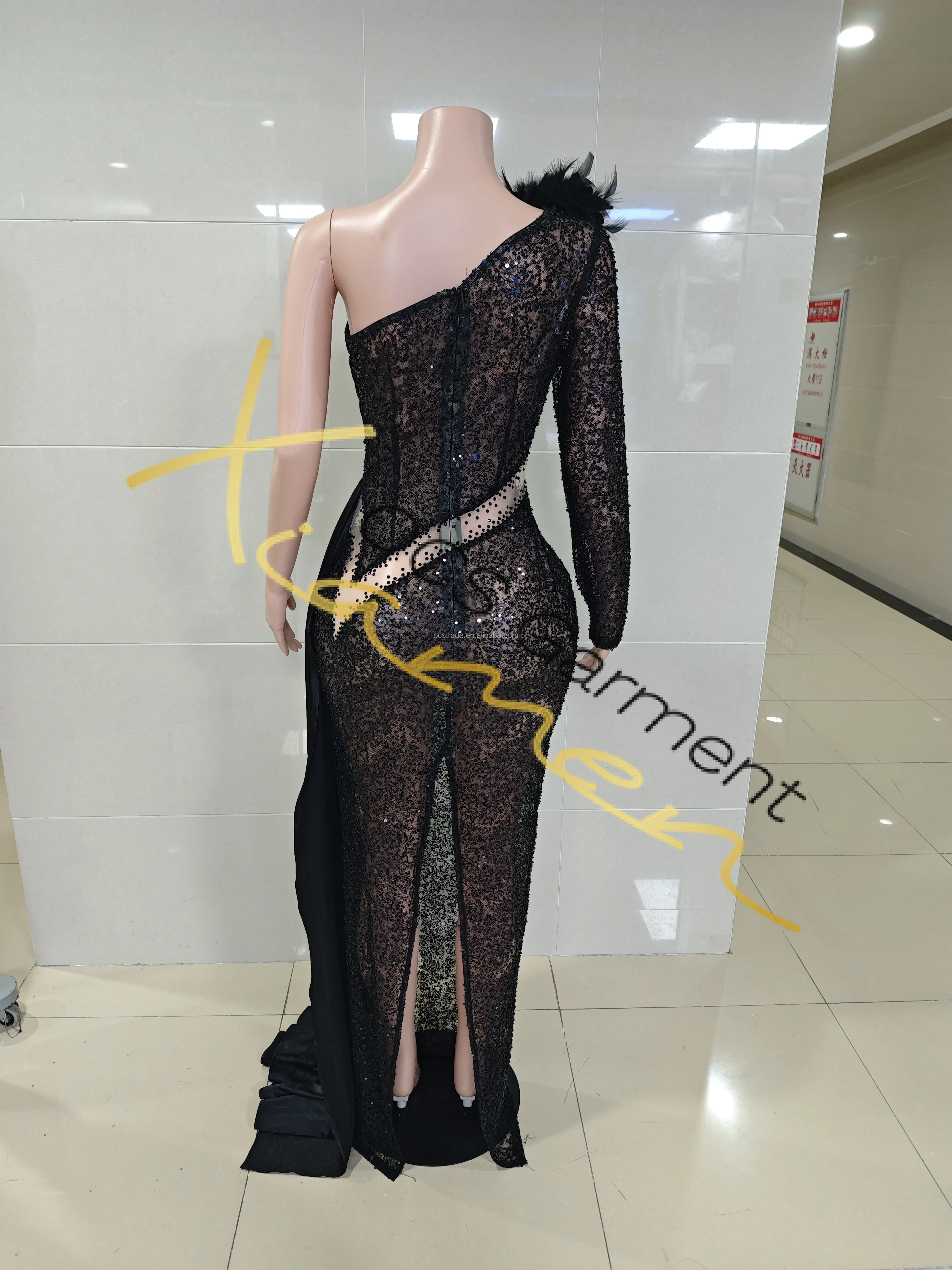 Ocstrade Custom One-Shoulder Black Feather Sequin Formal Prom Dress  Sparkling Cut Out Sheer Mesh Evening Gown Dress for Banquet| Alibaba.com