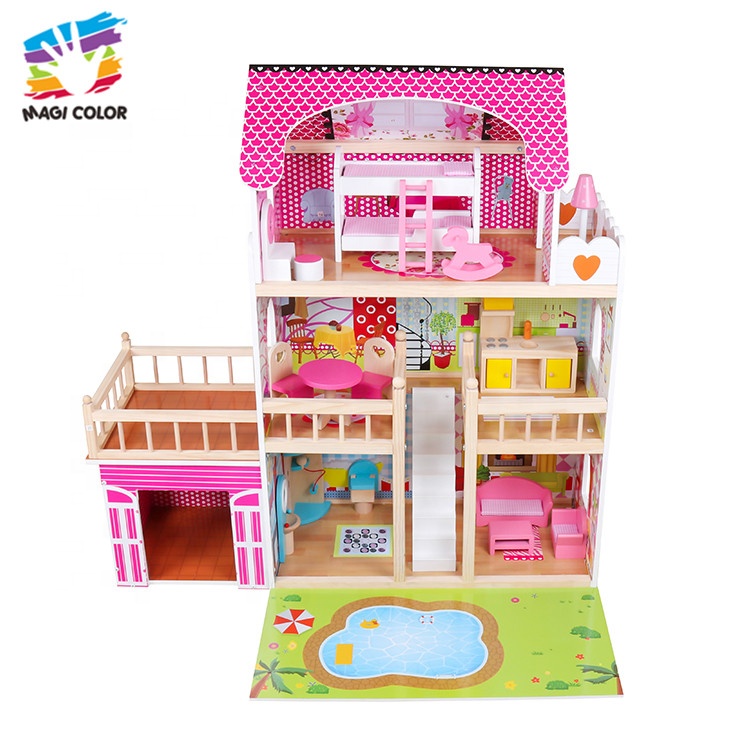 
 Готово к отправке 3 этажа освещенные деревянный кукольный домик с бассейном W06A333C  